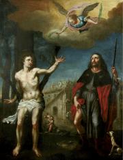 Észak-itáliai mester: Szent Rókus és Szent Sebestyén pestis-védőszentek egy épülő ispotállyal, 1700 k. 
